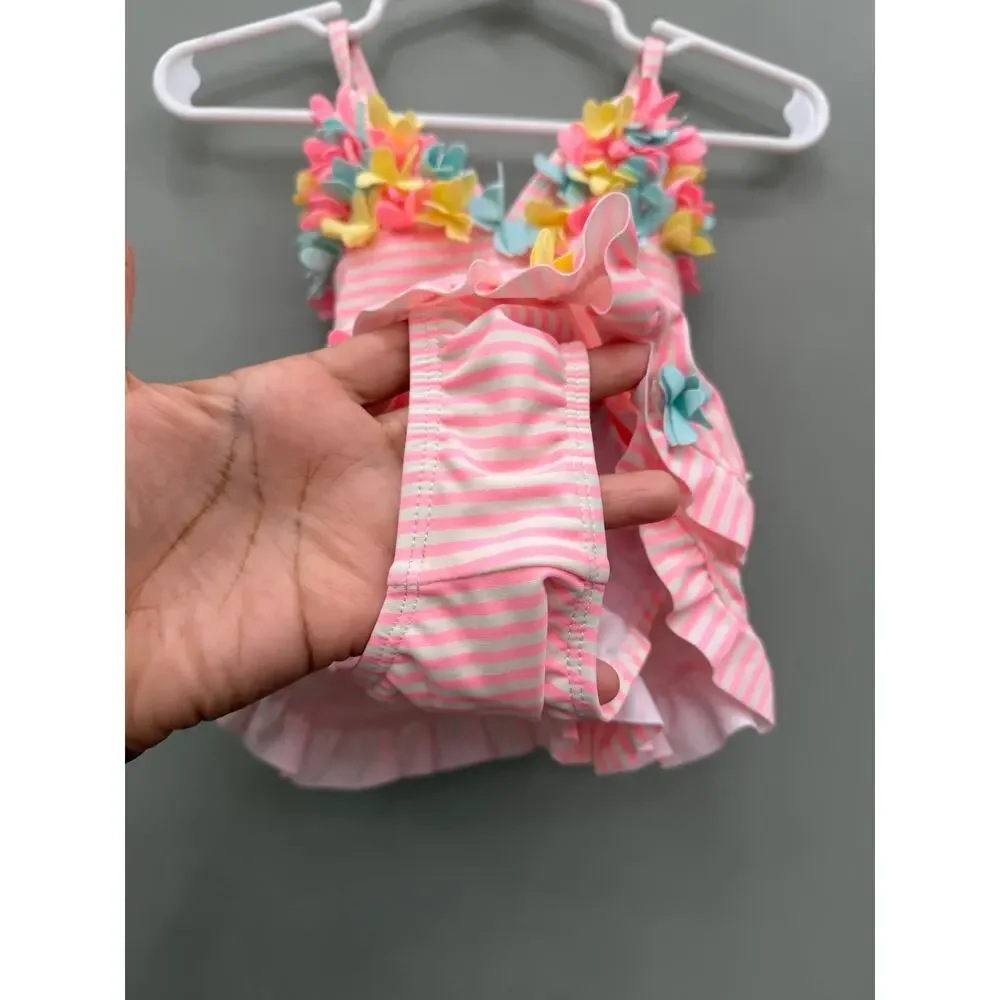 Little Me Baby Girls 18M Pink Stripe 3D Floral Ruffle One Piece Swimsuit